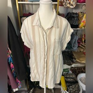Women’s Cream and Tan Cotton Button-Down Shirt — XL